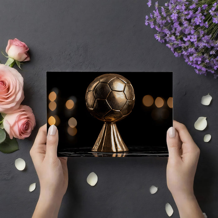 Bronze soccer trophy held by hands with flowers and petals on a dark surface
