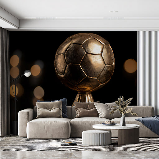 Modern living room with a large decorative sphere on a black background