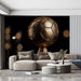 Modern living room with a large decorative sphere on a black background