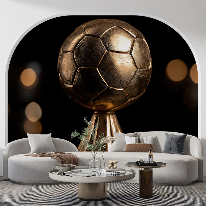 Modern living room with a large decorative soccer ball on a black background