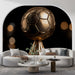 Modern living room with a large decorative soccer ball on a black background