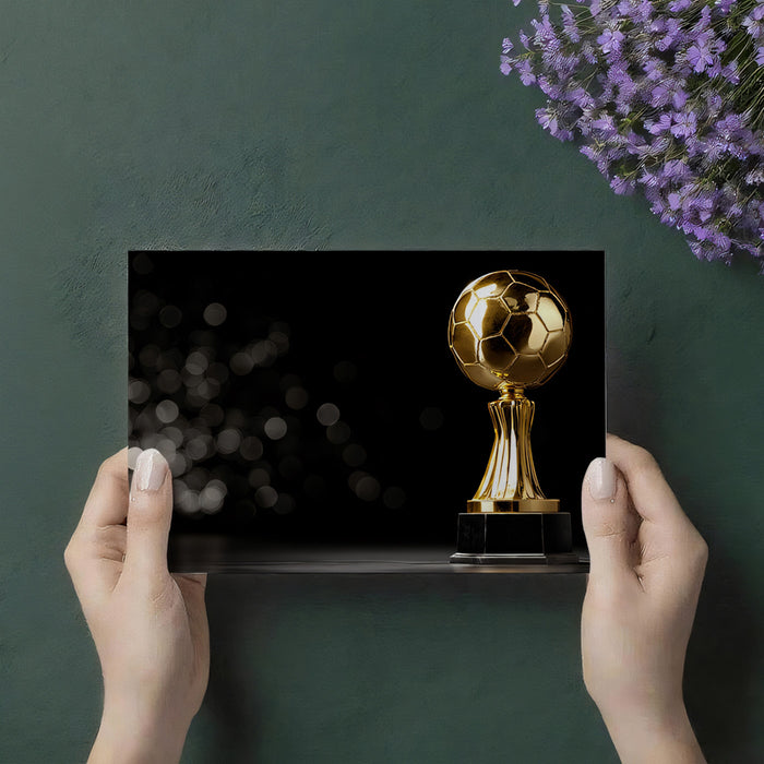 Gold trophy on a black card held by hands against a dark green background with purple flowers.
