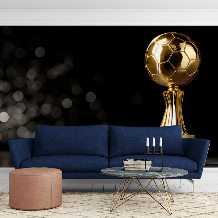 Polished Gold Soccer Trophy Mural Wallpaper | Black and White Bokeh, Dramatic Contrast, Opulent Sports Award