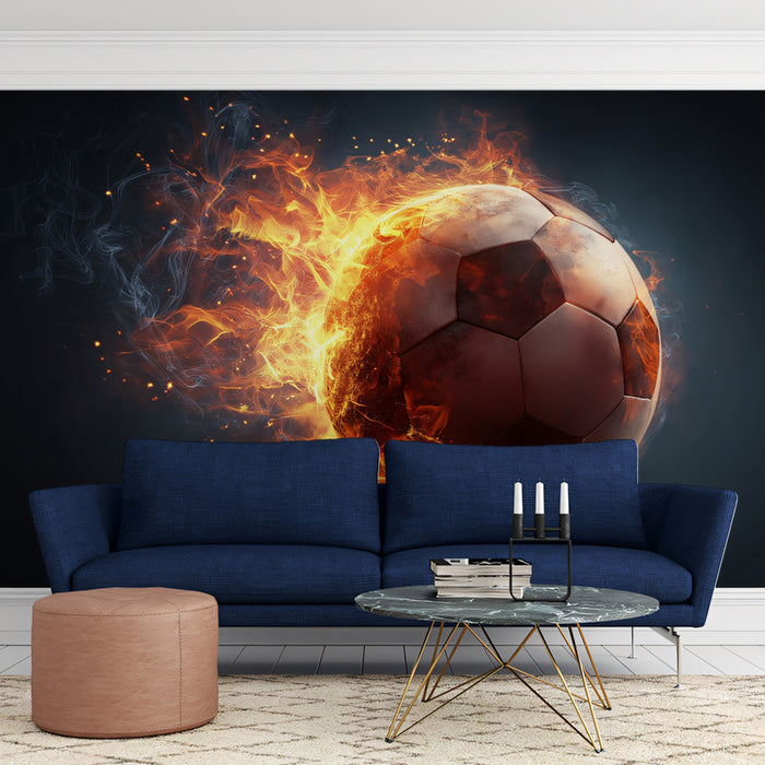 Infernal Fire Ball Close-up Mural Wallpaper | Realistic Texture, Red Hot Energy, Dark Studio Backdrop