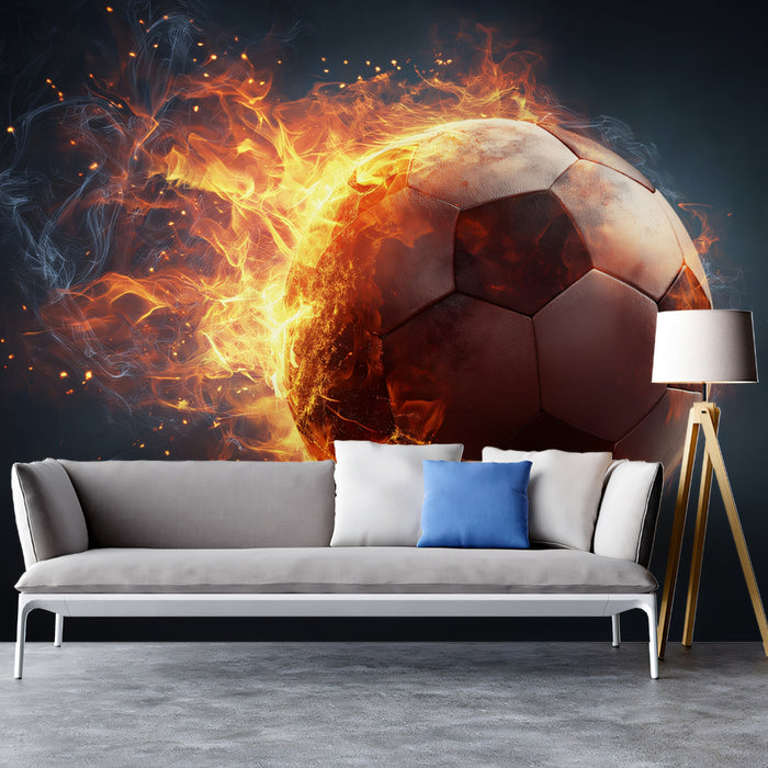 Infernal Fire Ball Close-up Mural Wallpaper | Realistic Texture, Red Hot Energy, Dark Studio Backdrop