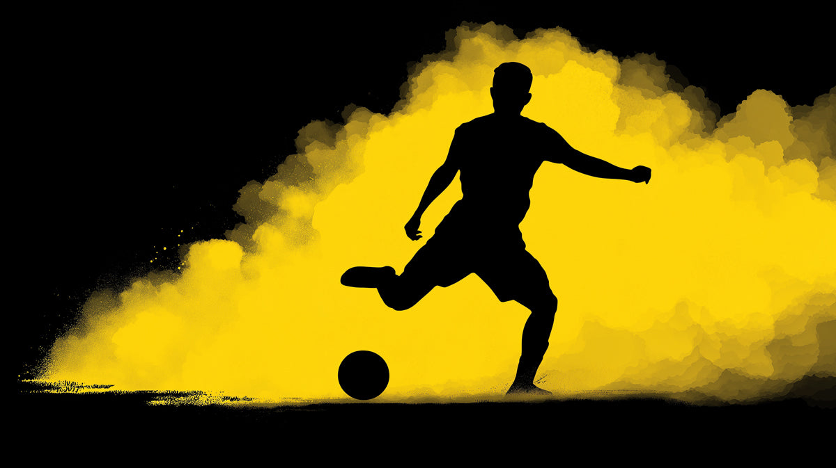 Striking Soccer Silhouette Mural Wallpaper | Black and Yellow Contrast, Smoke Cloud, Dynamic Kick