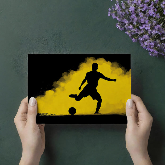 Striking Soccer Silhouette Mural Wallpaper | Black and Yellow Contrast, Smoke Cloud, Dynamic Kick