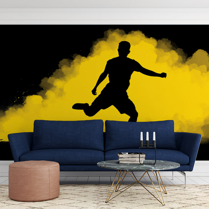Striking Soccer Silhouette Mural Wallpaper | Black and Yellow Contrast, Smoke Cloud, Dynamic Kick