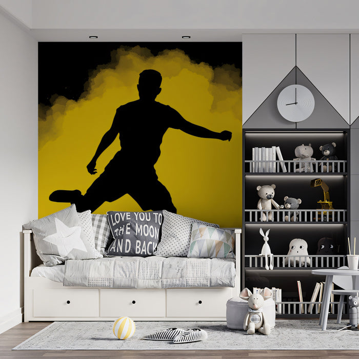 Striking Soccer Silhouette Mural Wallpaper | Black and Yellow Contrast, Smoke Cloud, Dynamic Kick