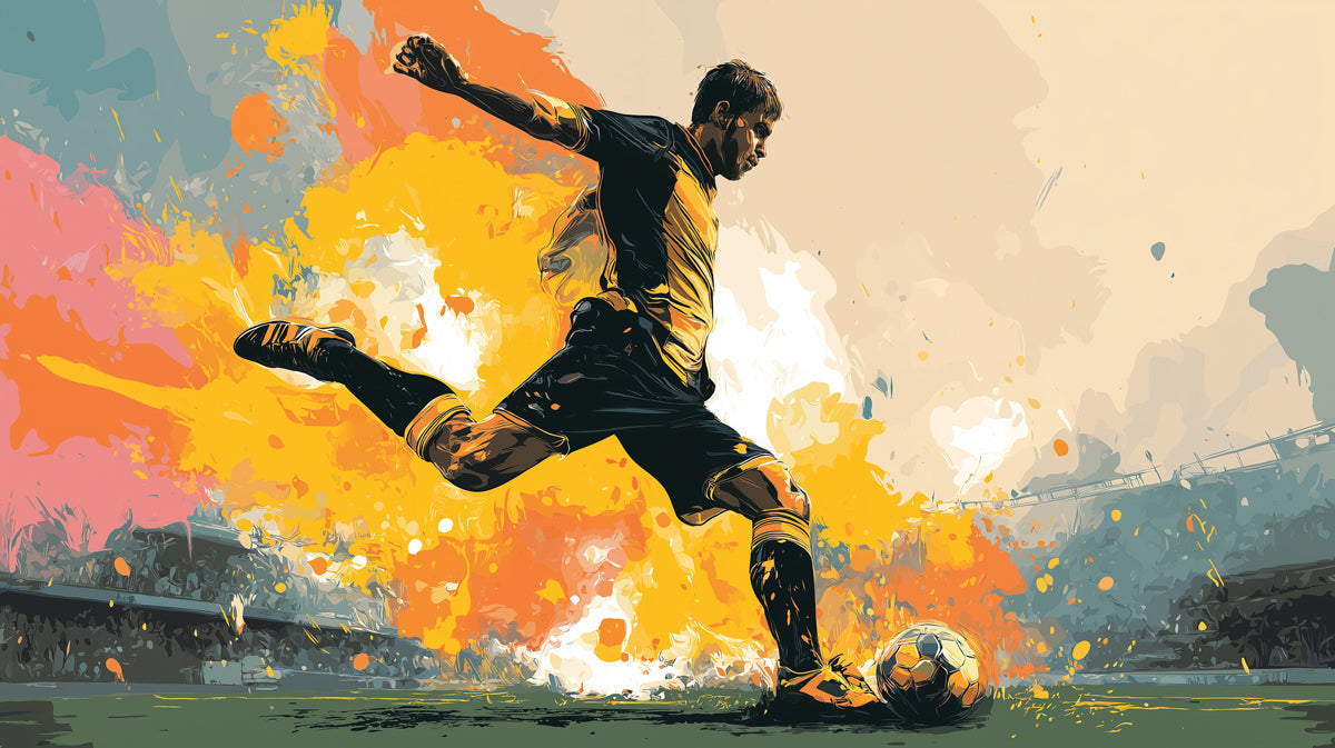 Digital painting of a soccer player striking a ball with explosive yellow and orange paint splatters.
