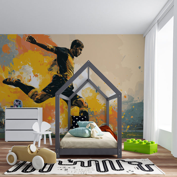 Bedroom with an energetic soccer mural, inspiring an active workout atmosphere.