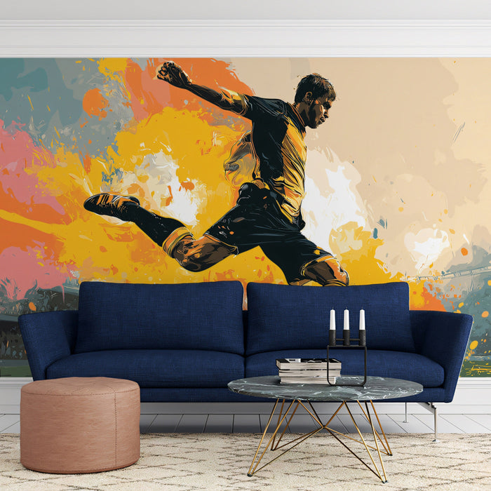 A modern study featuring a vibrant soccer action mural on the main focal wall.