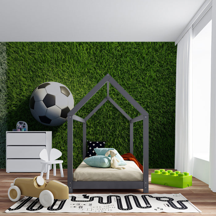 Aerial Soccer Field Close-up Mural Wallpaper | High-Density Grass Texture, Crisp White Line, Clean Minimalist View