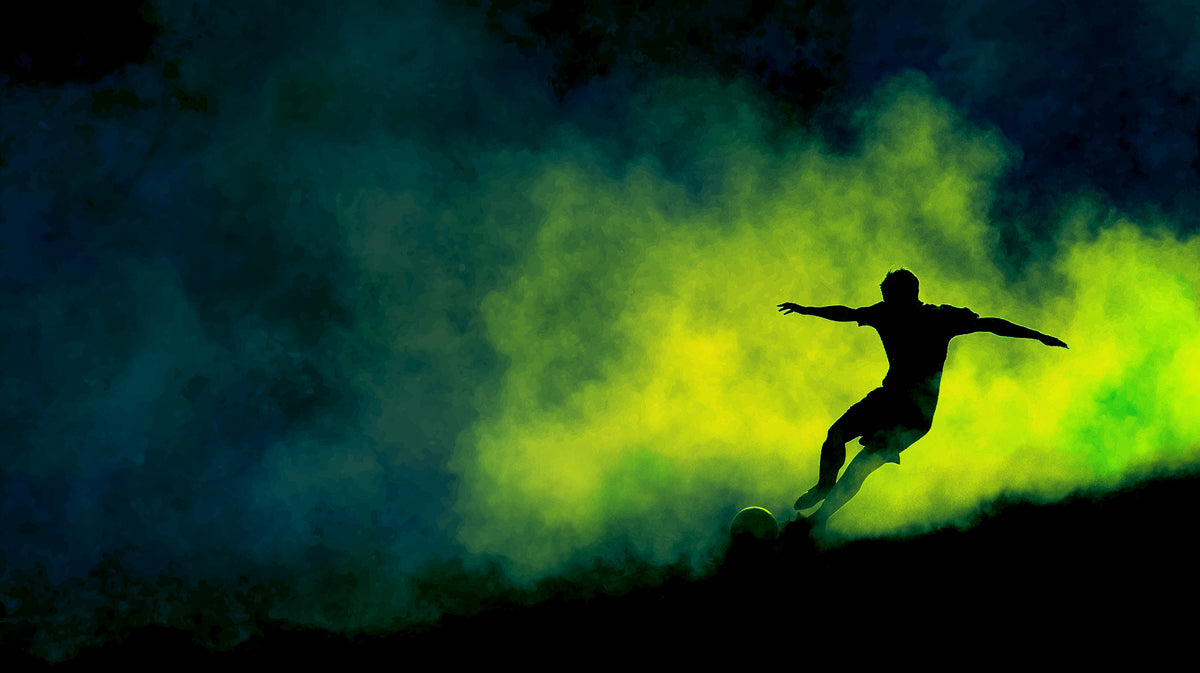 Neon Smoke Soccer Silhouette Mural Wallpaper | Dark and Electric, Blue-Green Flare, Dynamic Action