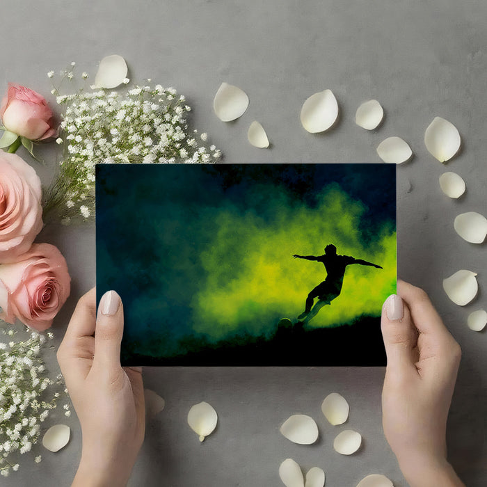 Neon Smoke Soccer Silhouette Mural Wallpaper | Dark and Electric, Blue-Green Flare, Dynamic Action