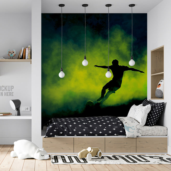 Neon Smoke Soccer Silhouette Mural Wallpaper | Dark and Electric, Blue-Green Flare, Dynamic Action