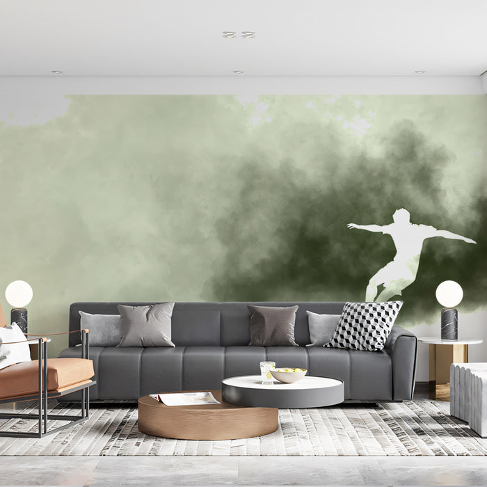 Ethereal Soccer Silhouette Mural Wallpaper | Pale Monochrome, Misty Atmosphere, Abstract Movement