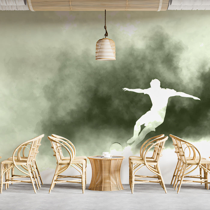 Ethereal Soccer Silhouette Mural Wallpaper | Pale Monochrome, Misty Atmosphere, Abstract Movement