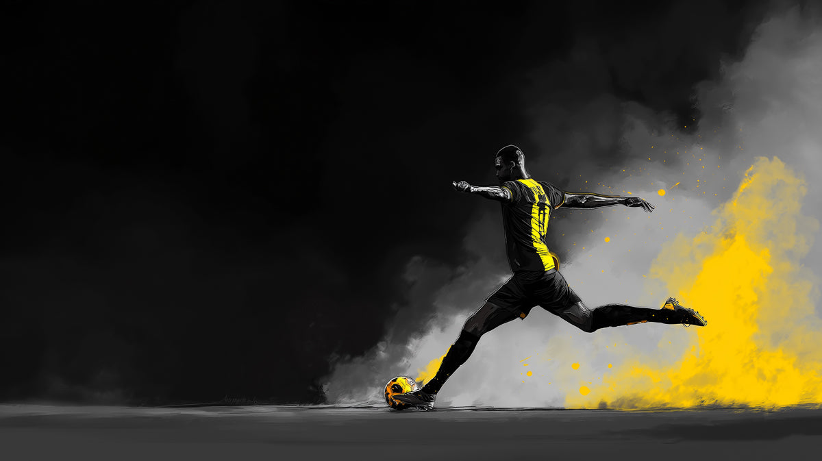 Soccer player in action with a dynamic pose against a dark background with yellow accents