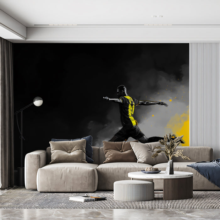 Modern living room with a large wall mural of a dancer.