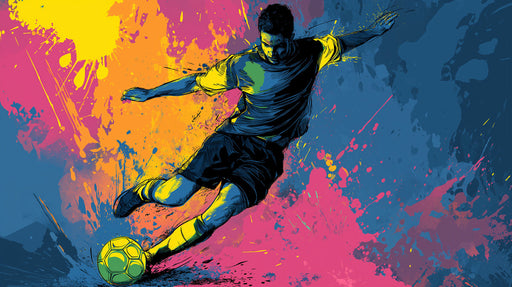 Football player in action pose surrounded by neon pink, yellow, and blue paint splashes in an ink-style graphic design.