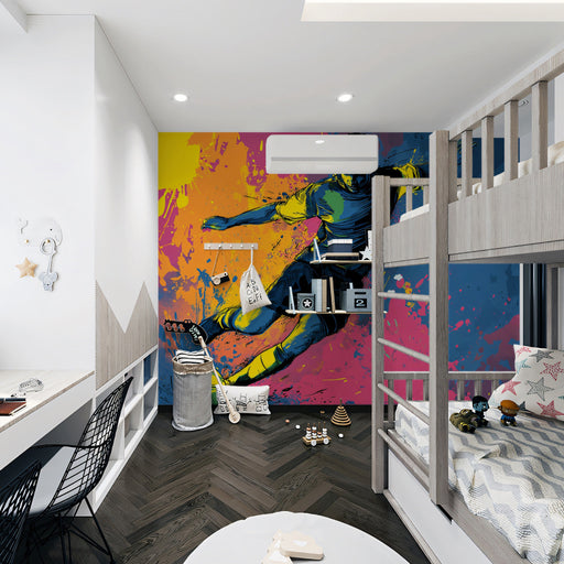 Dynamic football mural installed on a feature wall in a vibrant teenage boy bedroom with modern furniture.