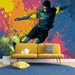 Sports-themed wallpaper featuring a soccer player in a home gym setting with black rubber flooring.
