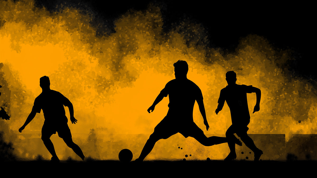 Soccer Silhouette Smoke Mural Wallpaper | Black and Yellow Contrast, Dynamic Action, Urban Grunge