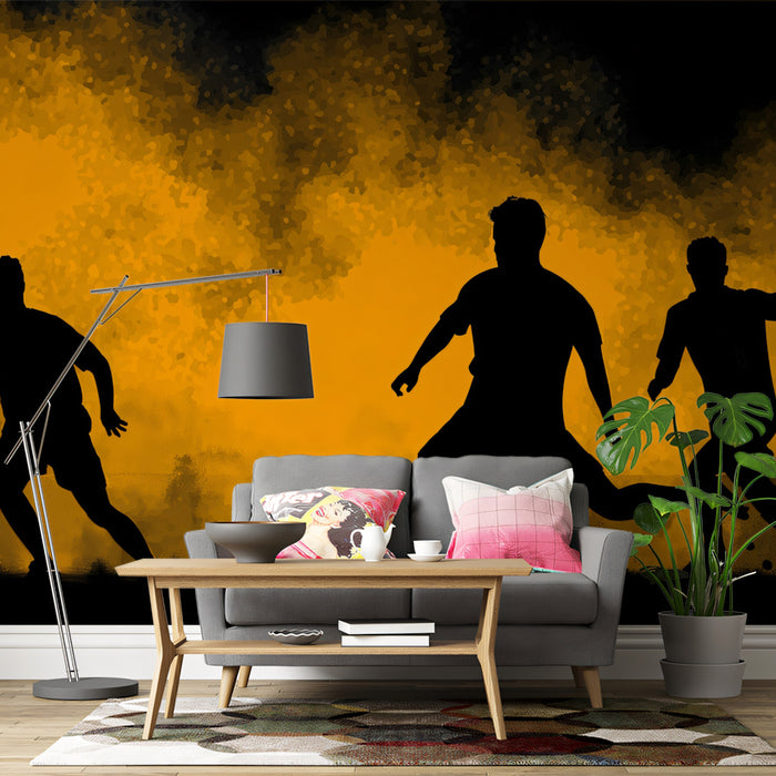 Soccer Silhouette Smoke Mural Wallpaper | Black and Yellow Contrast, Dynamic Action, Urban Grunge