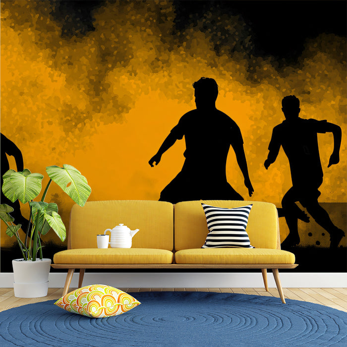 Soccer Silhouette Smoke Mural Wallpaper | Black and Yellow Contrast, Dynamic Action, Urban Grunge
