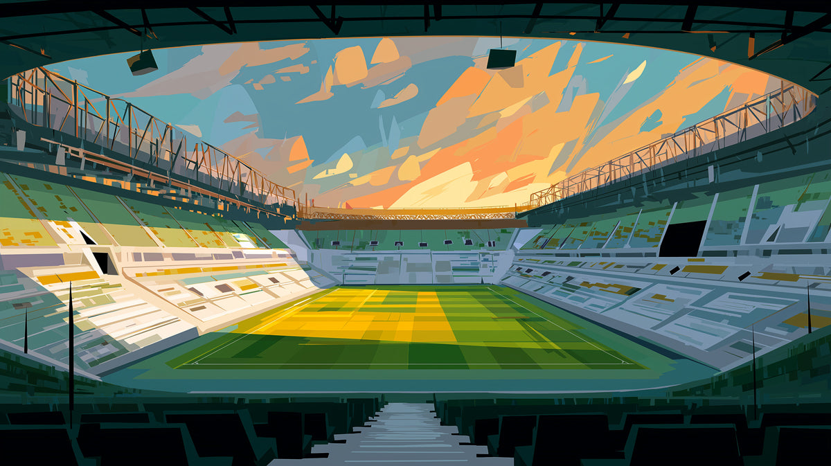 Sunrise Stadium Abstract Mural Wallpaper | Impressionist Sky, Empty Arena, Warm and Cool Hues