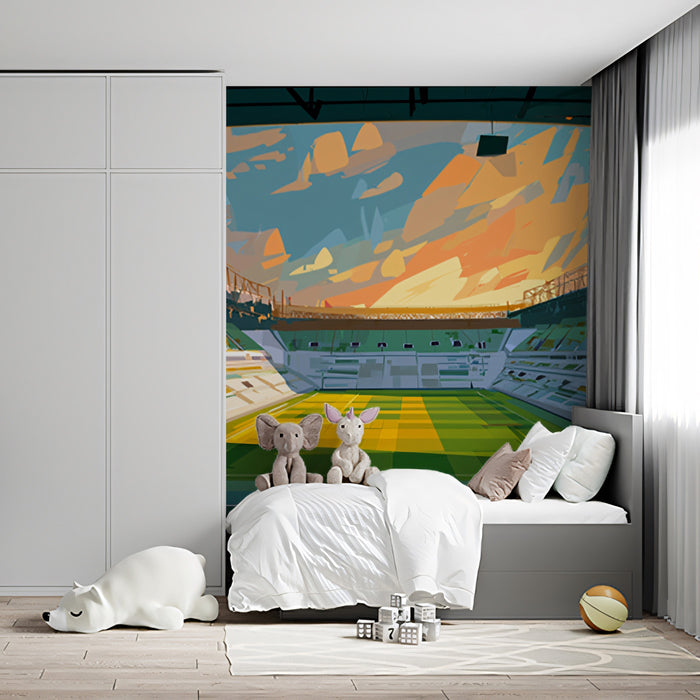 Sunrise Stadium Abstract Mural Wallpaper | Impressionist Sky, Empty Arena, Warm and Cool Hues