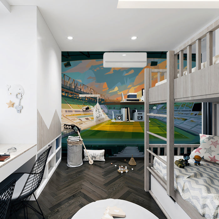 Sunrise Stadium Abstract Mural Wallpaper | Impressionist Sky, Empty Arena, Warm and Cool Hues