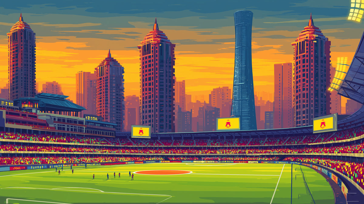 City Skyline Stadium Mural Wallpaper | Urban Metropolis, Vibrant Sunset Colors, Pop Art Aesthetic