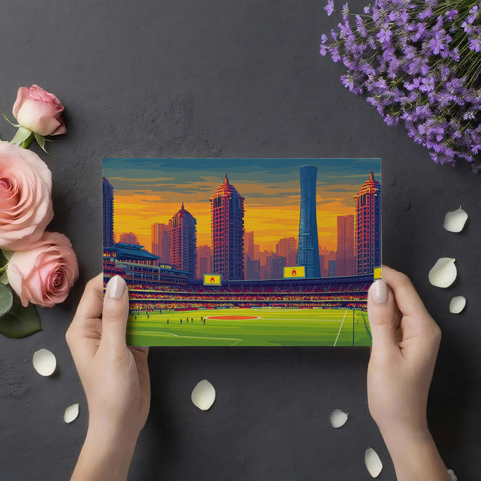 City Skyline Stadium Mural Wallpaper | Urban Metropolis, Vibrant Sunset Colors, Pop Art Aesthetic