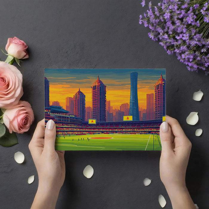 A commercial sports bar lounge featuring an immersive stadium skyline wall mural.