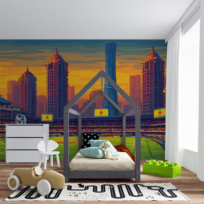 A modern basement den with a sports stadium wallpaper mural creating an indoor fan arena.