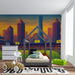 A modern basement den with a sports stadium wallpaper mural creating an indoor fan arena.