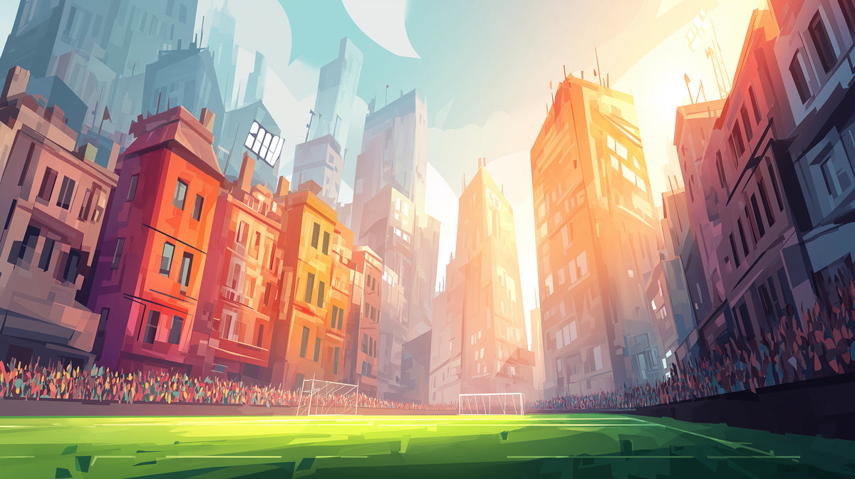 Stylized cityscape and soccer stadium mural with vibrant orange, yellow, and cool blue tones.