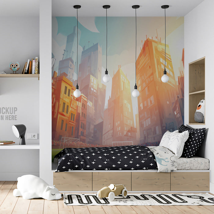 Game room setup featuring a vibrant urban architectural wall mural as a focal point.