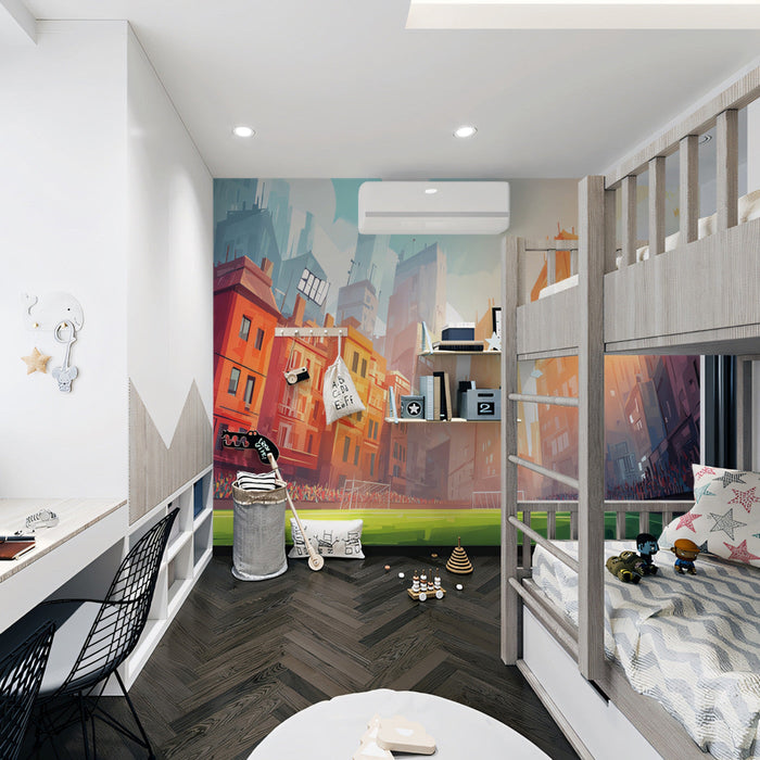 Modern bedroom featuring a sports-themed city mural behind a sleek gray sofa.