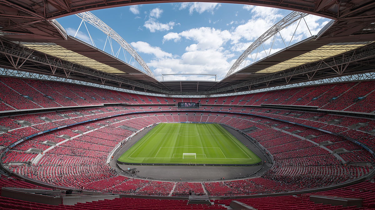 Panoramic Stadium Red Seating Mural Wallpaper | High Angle View, Iconic Architecture, Dramatic Scale
