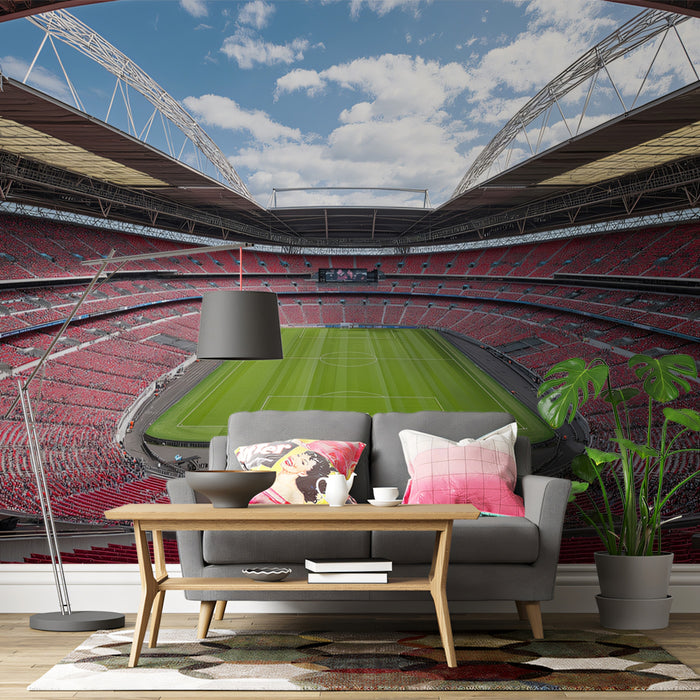 Panoramic Stadium Red Seating Mural Wallpaper | High Angle View, Iconic Architecture, Dramatic Scale