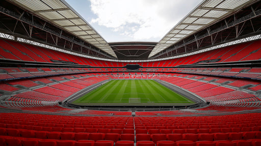 Wide angle view of Wembley Stadium with bright red seating and a vibrant green grass football pitch
