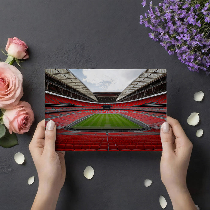 Sports themed wallpaper in a teenager's bedroom featuring a panoramic stadium view