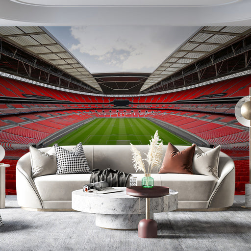 Large scale stadium mural design applied to a living room wall for an energetic atmosphere