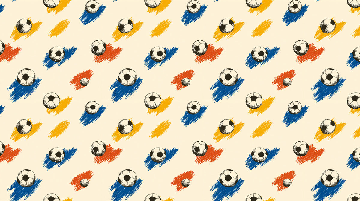 Retro Soccer Ball Pattern Mural Wallpaper | Repeating Print, Sketch Style, Primary Color Strokes