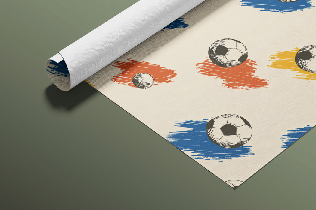 Retro Soccer Ball Pattern Mural Wallpaper | Repeating Print, Sketch Style, Primary Color Strokes