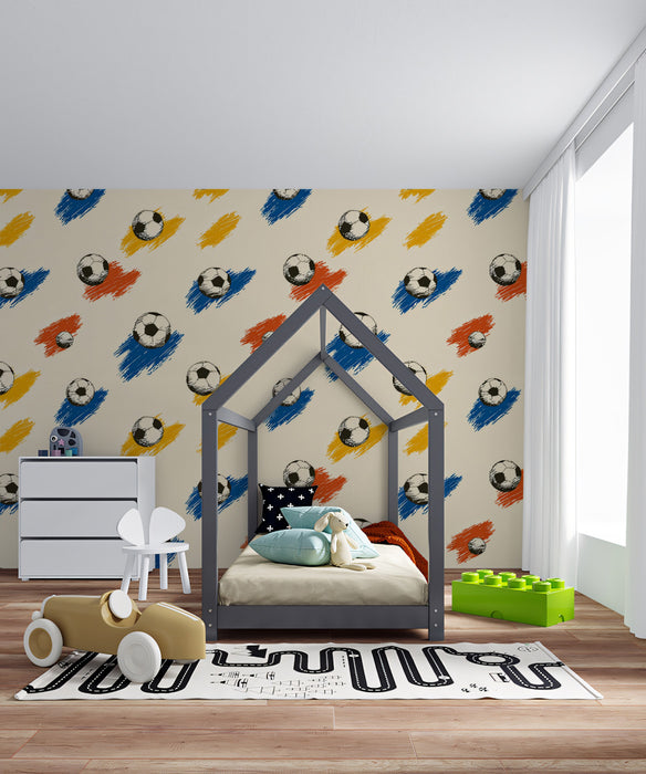 Retro Soccer Ball Pattern Mural Wallpaper | Repeating Print, Sketch Style, Primary Color Strokes