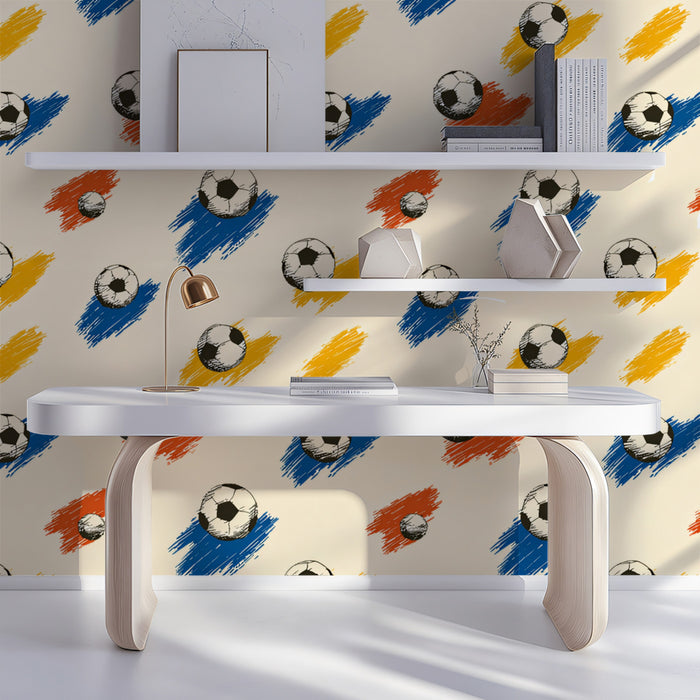 Retro Soccer Ball Pattern Mural Wallpaper | Repeating Print, Sketch Style, Primary Color Strokes